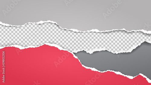 Pieces of torn, ripped red, white and squared paper strips with soft shadow are on grey background for text. Vector illustration