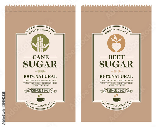 cane and beet sugar labels for paper package isolated on white background