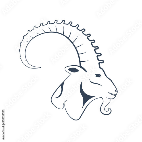 Black zodiac sign Capricorn depicting a goat head with huge horn. Side view. Illustration of an astrology sign. Vector flat design icon of a Mountain goat