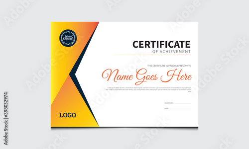 Certificate Design Template. Certificate template in elegant orange and black colors. Certificate of appreciation, award diploma design template.