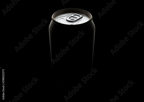 Golden soda can isolated on black. Partially visible macro shot. Stylish low key mockup composition. 3D rendering illustration