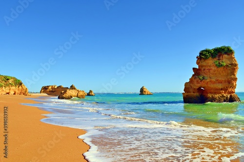 landscape of the beautiful Praia da Dona Ana beach located in Lagos in the Algarve region in southern Portugal on the Atlantic Ocean
