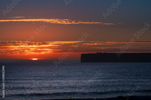 Scenic view of the Cabo de Sao Vincente (Sao Vincente headland) at sunset, in Sagres, Portugal. Concept for travel in Portugal