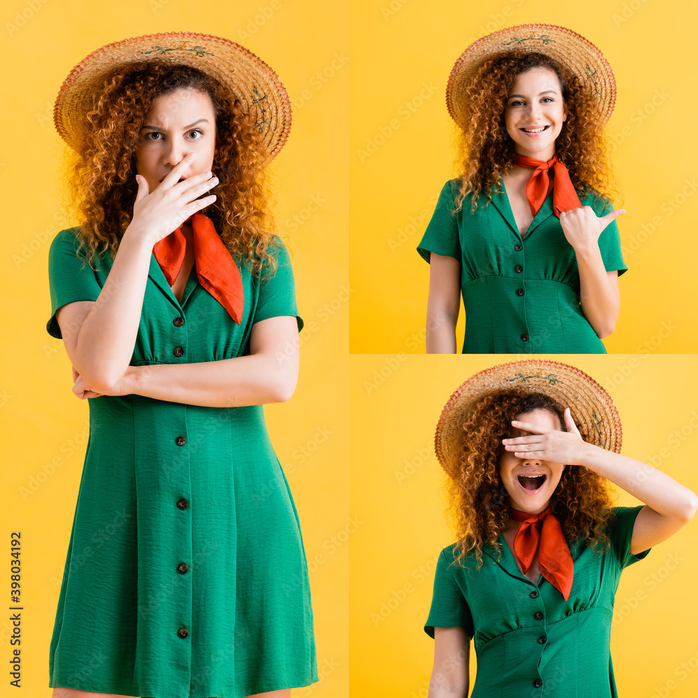 Φωτογραφία collage of young curly woman in straw hat and green dress covering eye and mouth