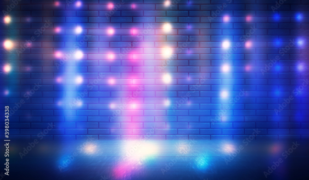 Neon shapes on a dark brick wall. Ultraviolet lighting. Brick wall, concrete floor. 3d illustration