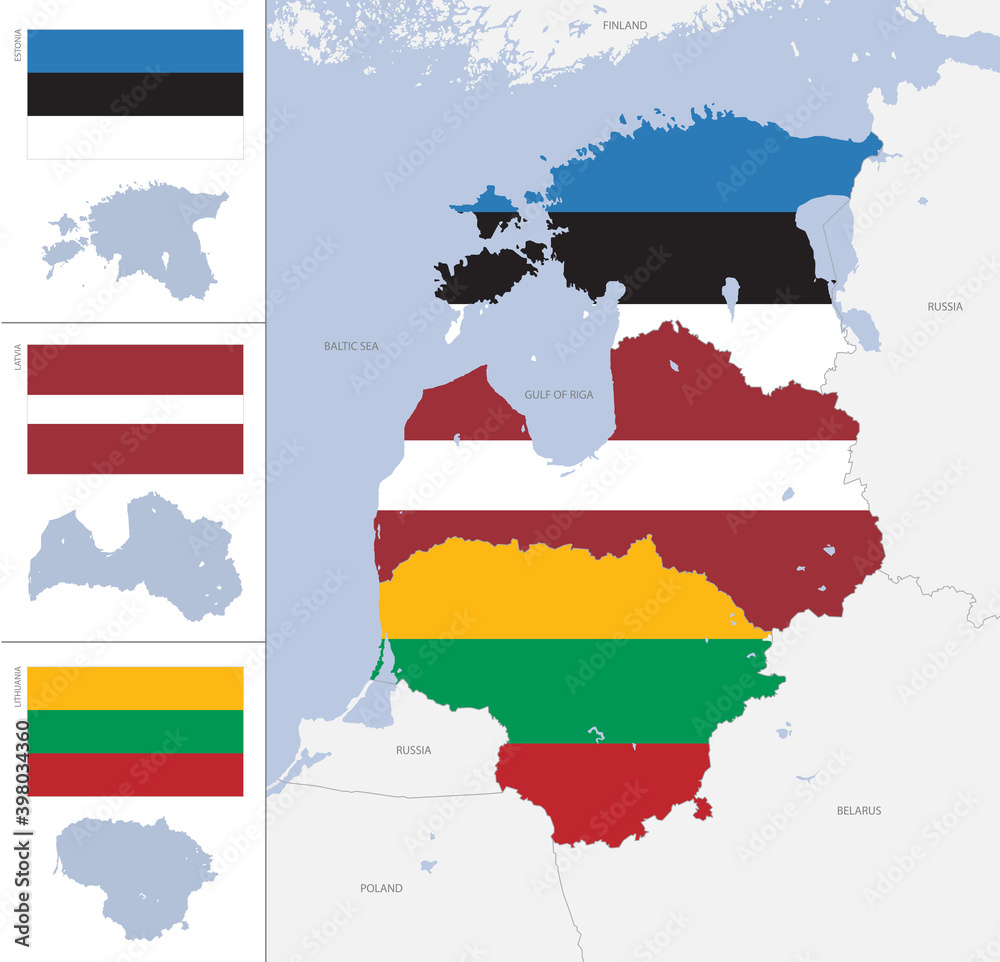 Detailed Map And Flags Of The Baltic States With Silhouettes And Detailed Map And Flags Of The Baltic States With Silhouettes And