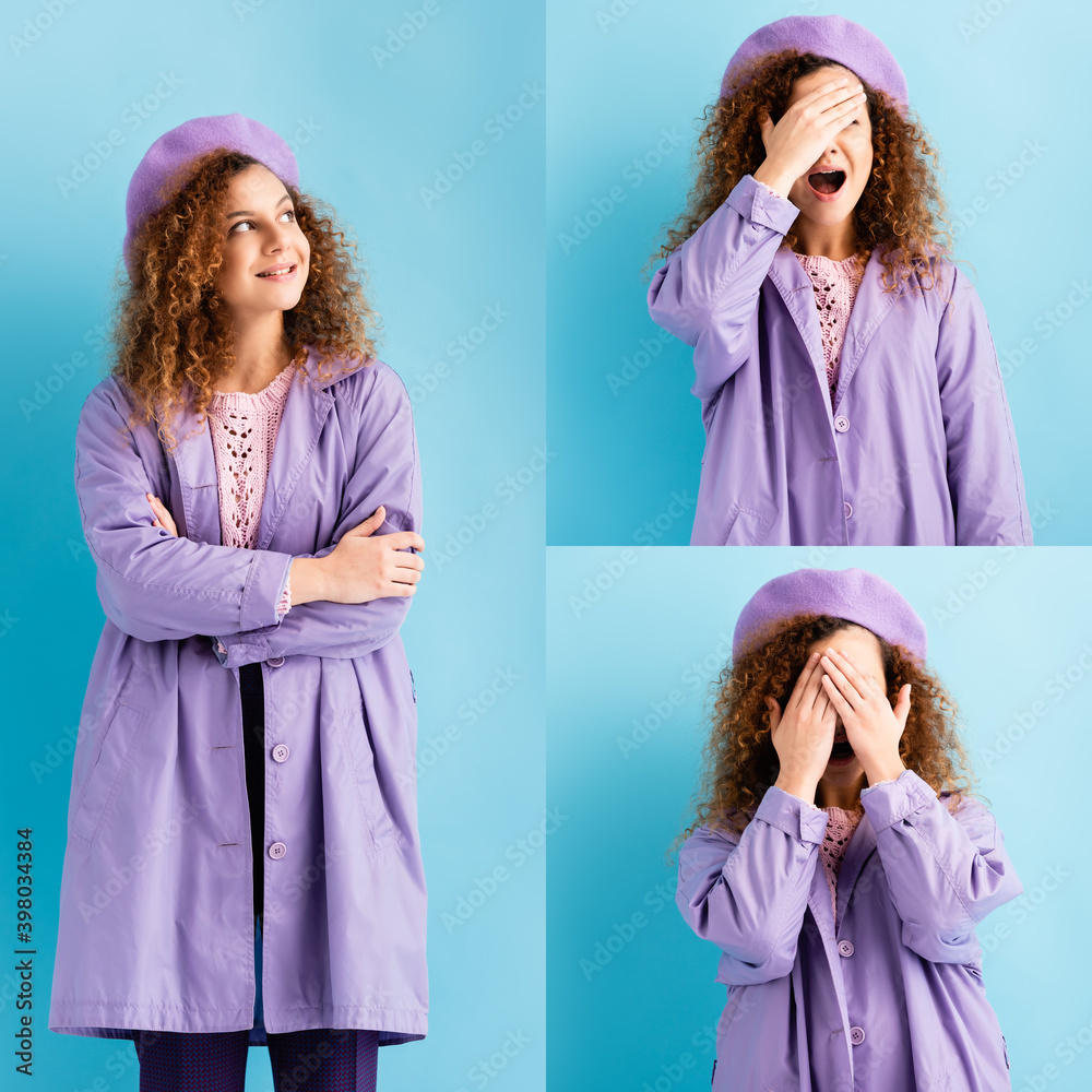 Φωτογραφία collage of young woman in winter coat and beret looking away and covering face o
