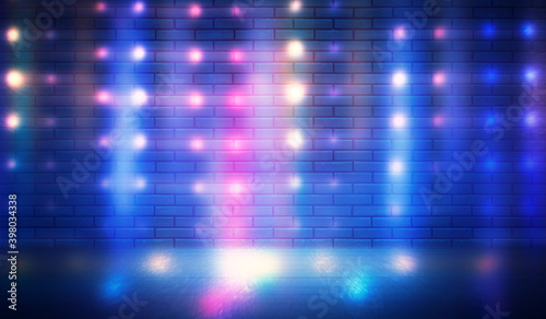 Neon shapes on a dark brick wall. Ultraviolet lighting. Brick wall  concrete floor. 3d illustration