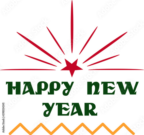Happy New Year text banner isolated. Retro typography poster with sparkle red star. Christmas concept. Vector illustration. 