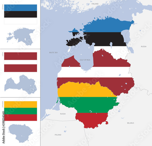 Detailed map and flags of the Baltic States with silhouettes and borders of Estonia, Latvia, Lithuania, vector illustration