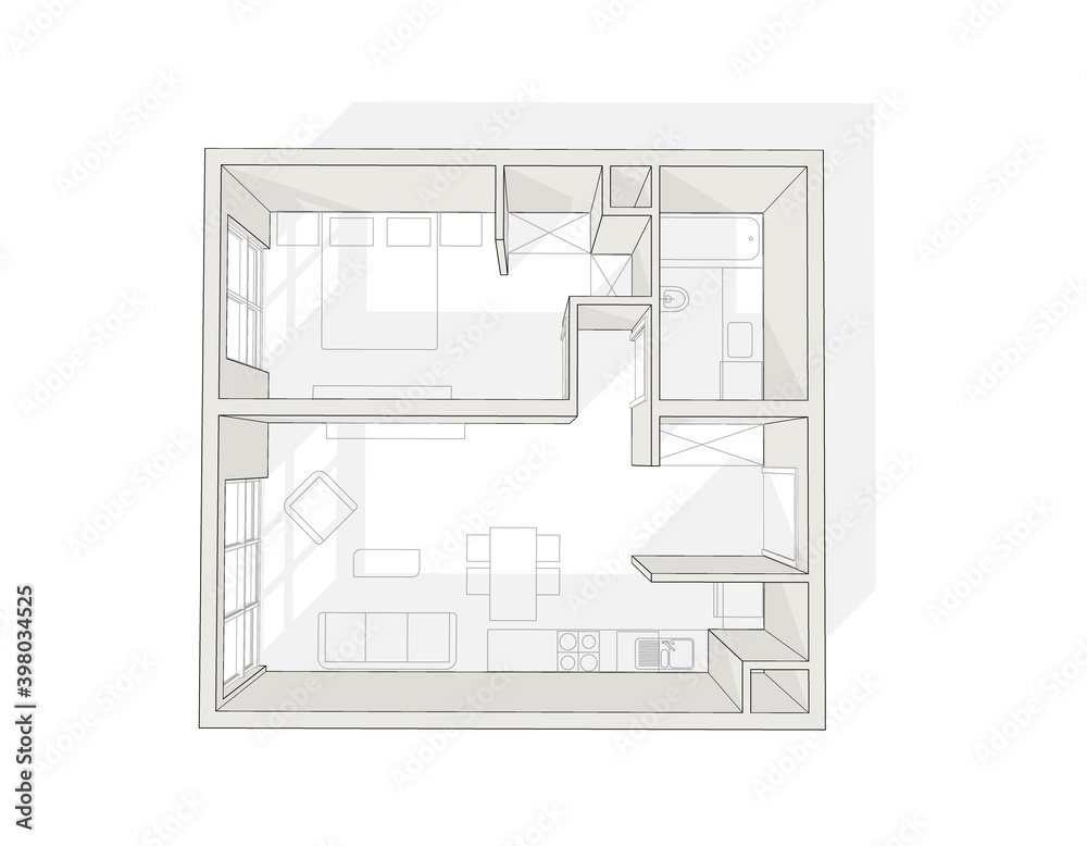 Illustration of one bedroom flat with open kitchen design with one bathroom. 1BHK architectural 3D plan perspective with elevated walls. Illustration of one bedroom flat with open kitchen design with one bathroom. 1BHK architectural 3D plan perspective with elevated walls.