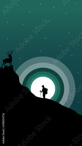 Composition of a hiker climbing a mountain with an elk at the top. Rising setting moon and stars on the sky