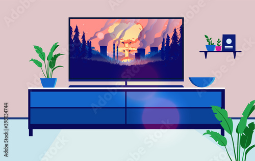 Watching disasters on tv - Interior with bench and tv. War and destruction on screen. Vector illustration