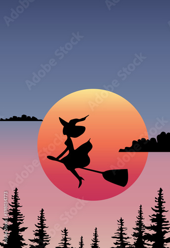Composition of a witch flying on the broom in front of the rising sun