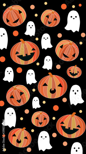 Halloween themed pattern with jack-o-lanterns and ghosts