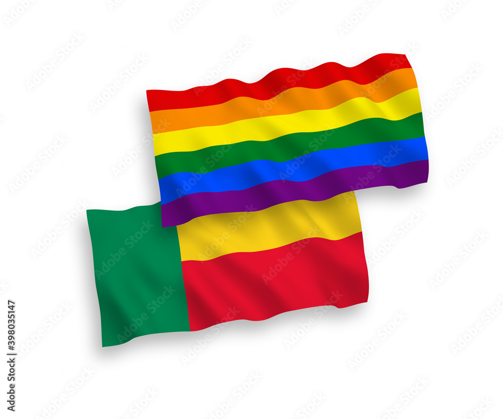 Obraz premium Flags of Rainbow gay pride and Benin on a white background
