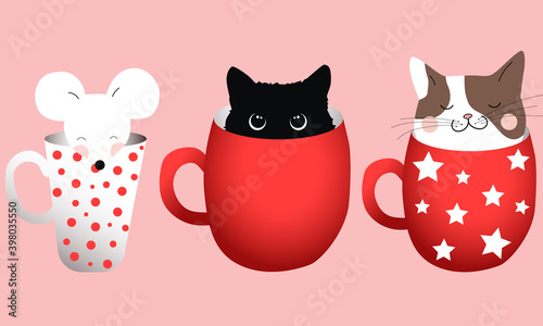 Composition of three cups with cats and a mice inside