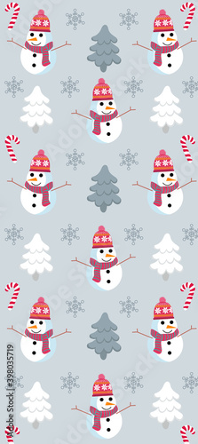 Christmas themed pattern with snowman, pine trees, snowflakes and candy canes