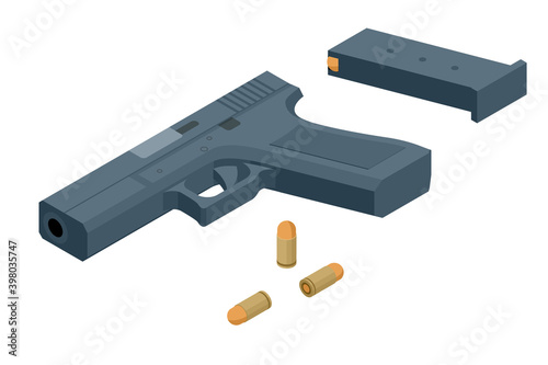 Isometric pistol isolated on white background. Weapon symbol. Gun with ammunition.