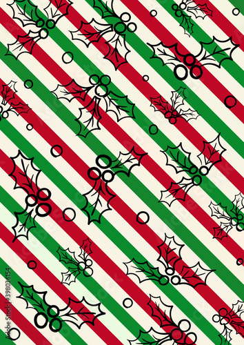 Christmas themed card with striped pattern of holly berries