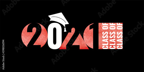 Class of 2021. Number 2021 with geometric watercolor shape  education academic hat. Template for graduation design frame  high school or college congratulation graduate  yearbook. Vector illustration.