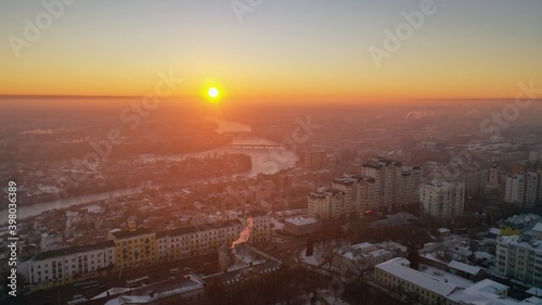 Dawn in the winter in Penza. Russian cities in winter. A city in Russia is shot from above. Winter sunrise in a provincial town.