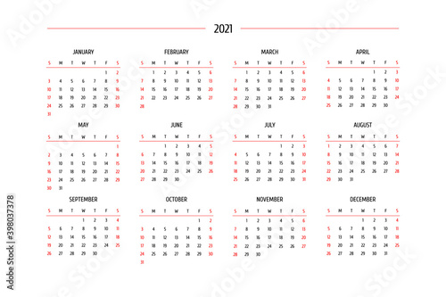 2021 calendar in classic strict style. Monthly calendar minimalism restrained design for business printed products. Week starts on sunday.
