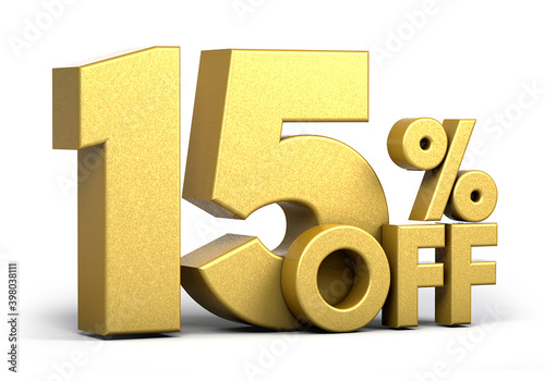Golden text, 15% off isolated on white background. Off 15 percent. Sales concept. 3d illustration.