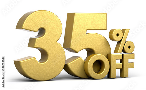 Golden text, 35% off isolated on white background. Off 35 percent. Sales concept. 3d illustration.