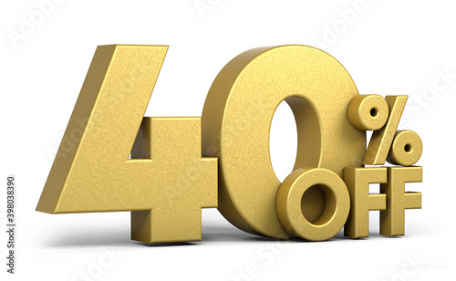 Golden text, 40% off isolated on white background. Off 40 percent. Sales concept. 3d illustration. photo