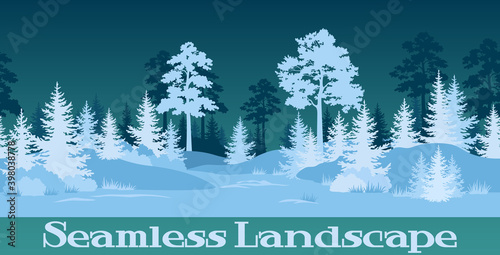 Seamless Horizontal Christmas Winter Night Forest Landscape with Fir and Pine Trees Silhouettes and Blue Snow. Vector