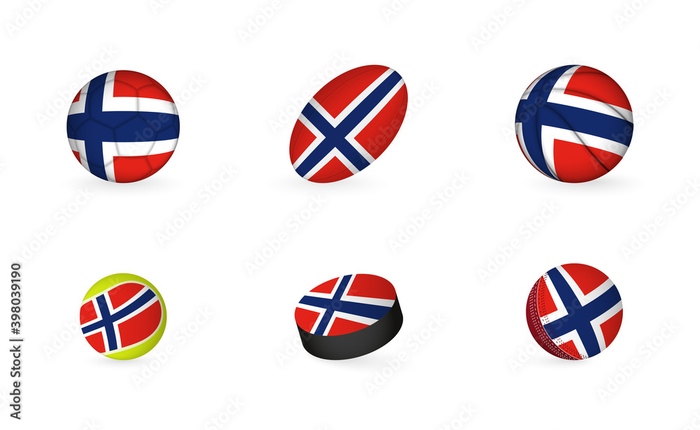 Sports equipment with flag of Norway. Sports icon set. Sports equipment with flag of Norway. Sports icon set.