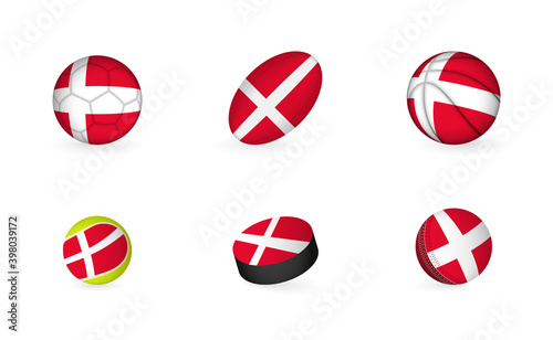 Sports equipment with flag of Denmark. Sports icon set.