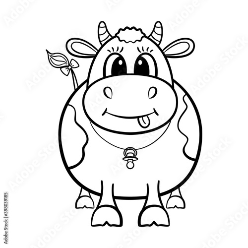 The smiling calf is isolated on the white background. The illustration for coloring book.