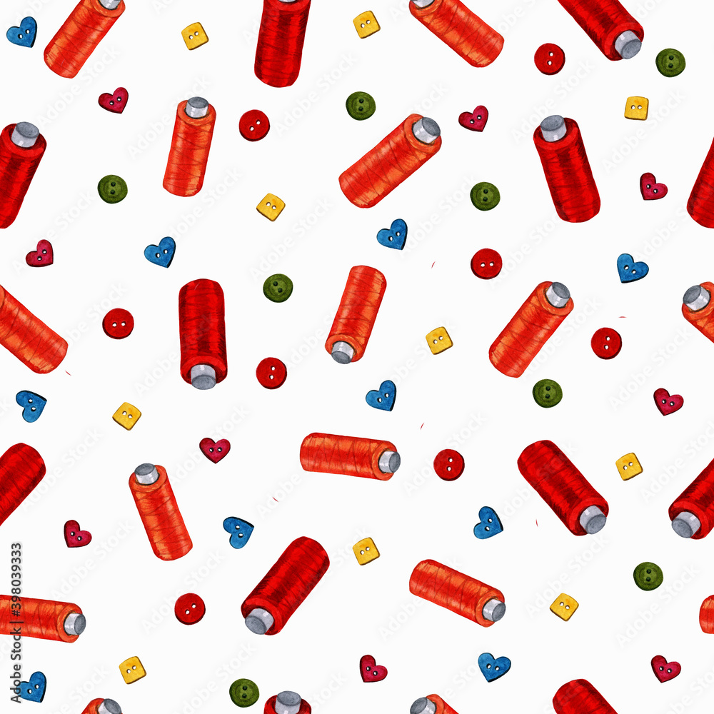 Seamless watercolor pattern with spool of red and orange thread and multicolored buttons on a white background. Sewing accessories for needlework. Seamless watercolor pattern with spool of red and orange thread and multicolored buttons on a white background. Sewing accessories for needlework.