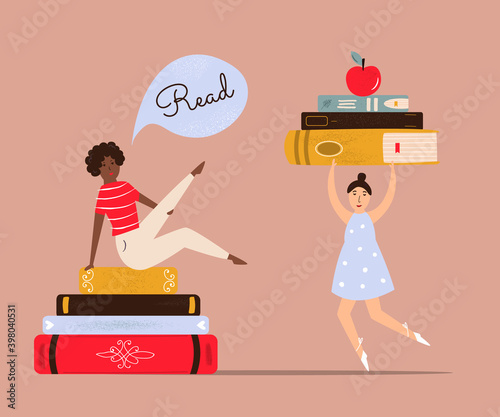Vector illustration of young girls and piles of books.