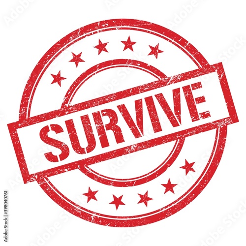SURVIVE text written on red vintage stamp.