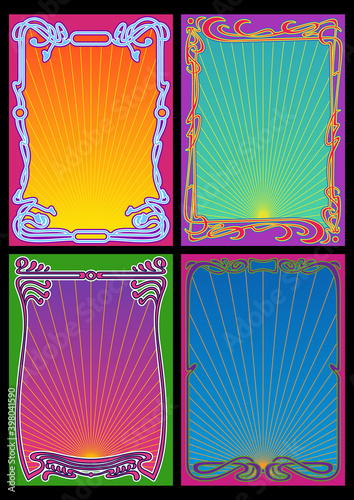 Art Nouveau Style Frame Set, Psychedelic Color Backgrounds, Cover, Poster Templates, Decorative Retro Borders 