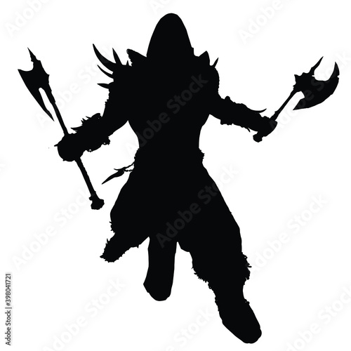 Silhouette of a Berserker with two axes in the hood and spiked armor, standing with his legs and arms apart provoking a fight. 2D illustration.