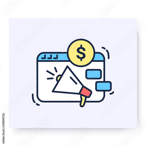 Paid advertising color icon. Online marketing strategy. Pay advertising campaign.Isolated linear vector business illustration