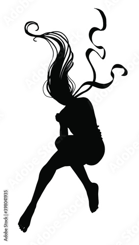 Silhouette of a Girl floating in the air without clothes, confused clenched in a ball, her hair and scarf flow beautifully up. 2D illustration.