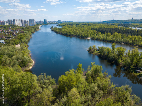 Fototapeta Naklejka Na Ścianę i Meble -  Aerial drone view. Dnieper river in Kiev on a sunny day.