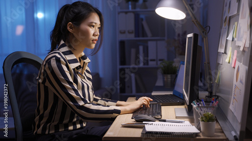 Принти на полотні side view confident asian woman manager working overtime late at home is receivi