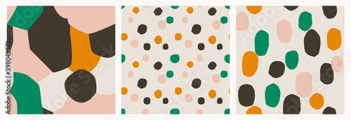 Set of abstract vector patterns with color blocks, blobs, ovals, spots. Trendy geometric cut out shapes. Bold prints for fashion, paper, gifts.