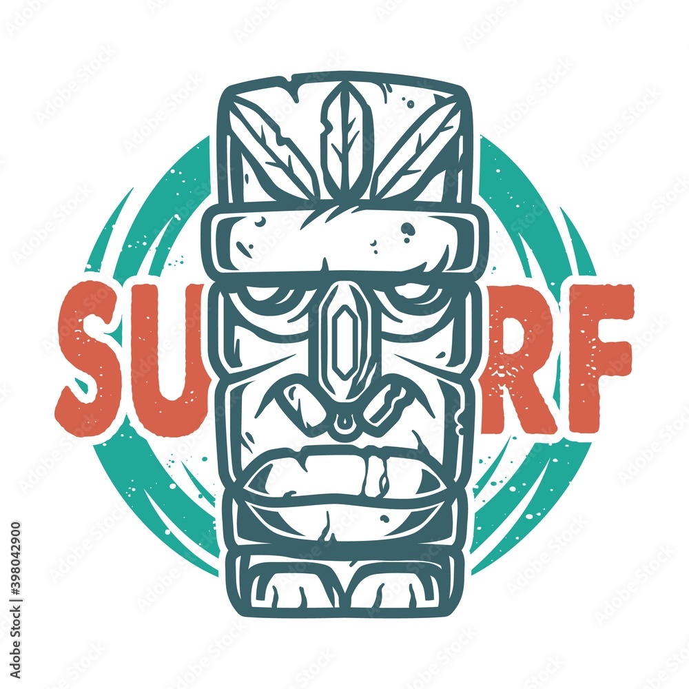 Surfing print of stone tiki mask, face idol. Vector illustration hawaii summer t-shirt design