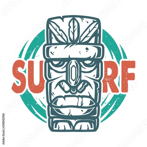 Surfing print of stone tiki mask, face idol. Vector illustration hawaii summer t-shirt design