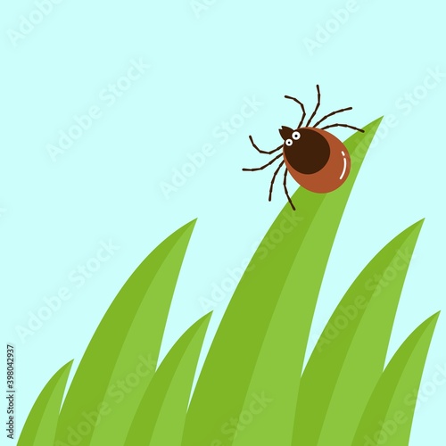 Cartoon mite in the tall green grass flat vector illustration, mite hiding in the grass, tick-borne mite color icon, danger tick bug in nature grass