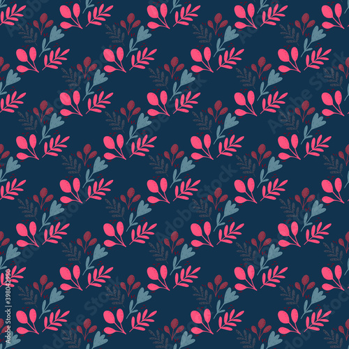 Contrast seamless pattern with folk ornamental botanic print. Pink flower and leaves on navy blue background.