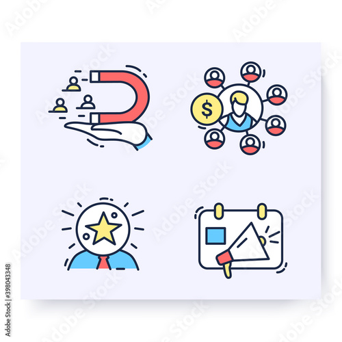 Color set of customer attraction icons. Customer acquisition. Client attraction retention, awareness, advertising. Guide steps to acquire buyers. Isolated linear vector business illustrations