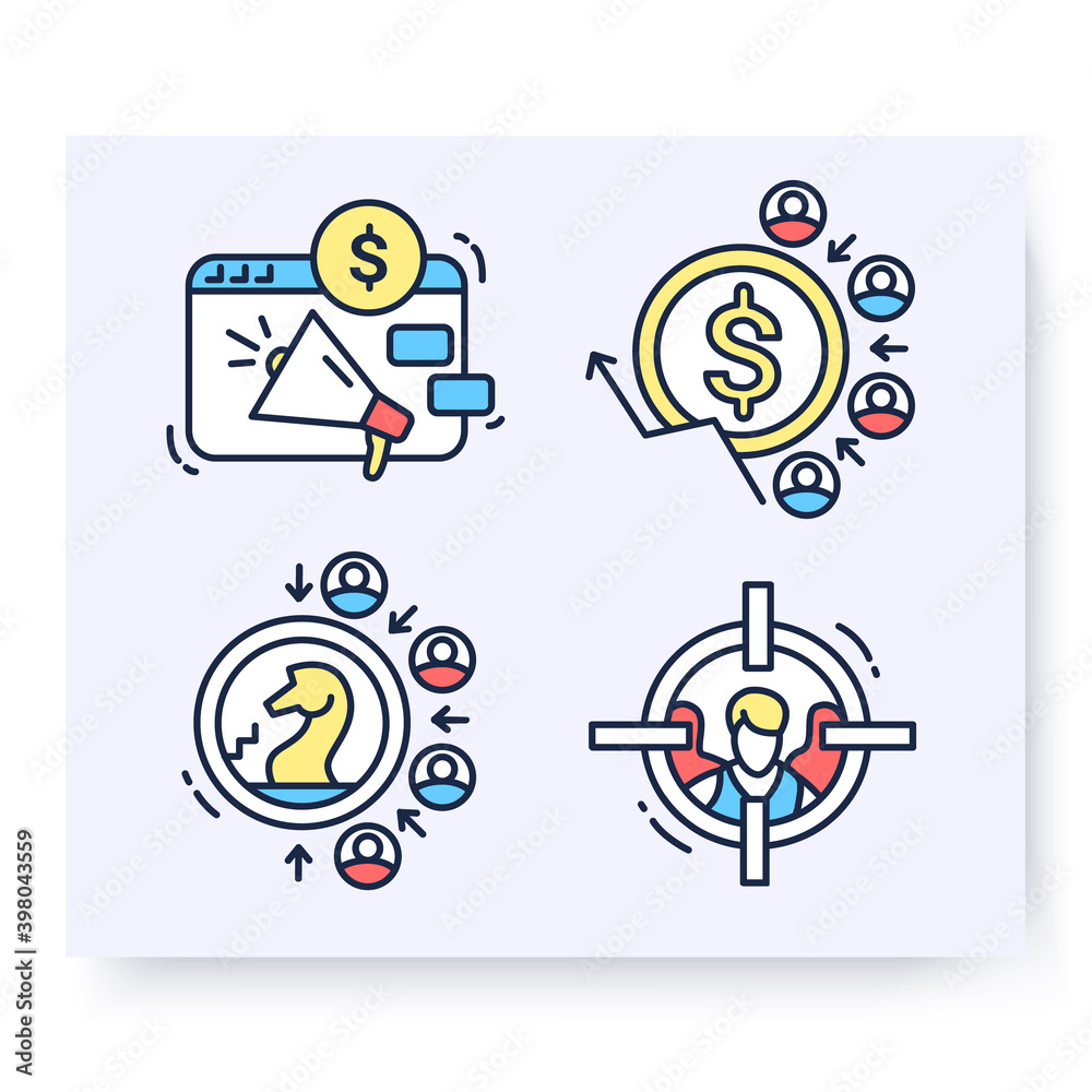 Color set of customer attraction icons. Customer acquisition. Client attraction strategy, cost, target. Guide steps to acquire buyers. Isolated linear vector business illustrations Color set of customer attraction icons. Customer acquisition. Client attraction strategy, cost, target. Guide steps to acquire buyers. Isolated linear vector business illustrations